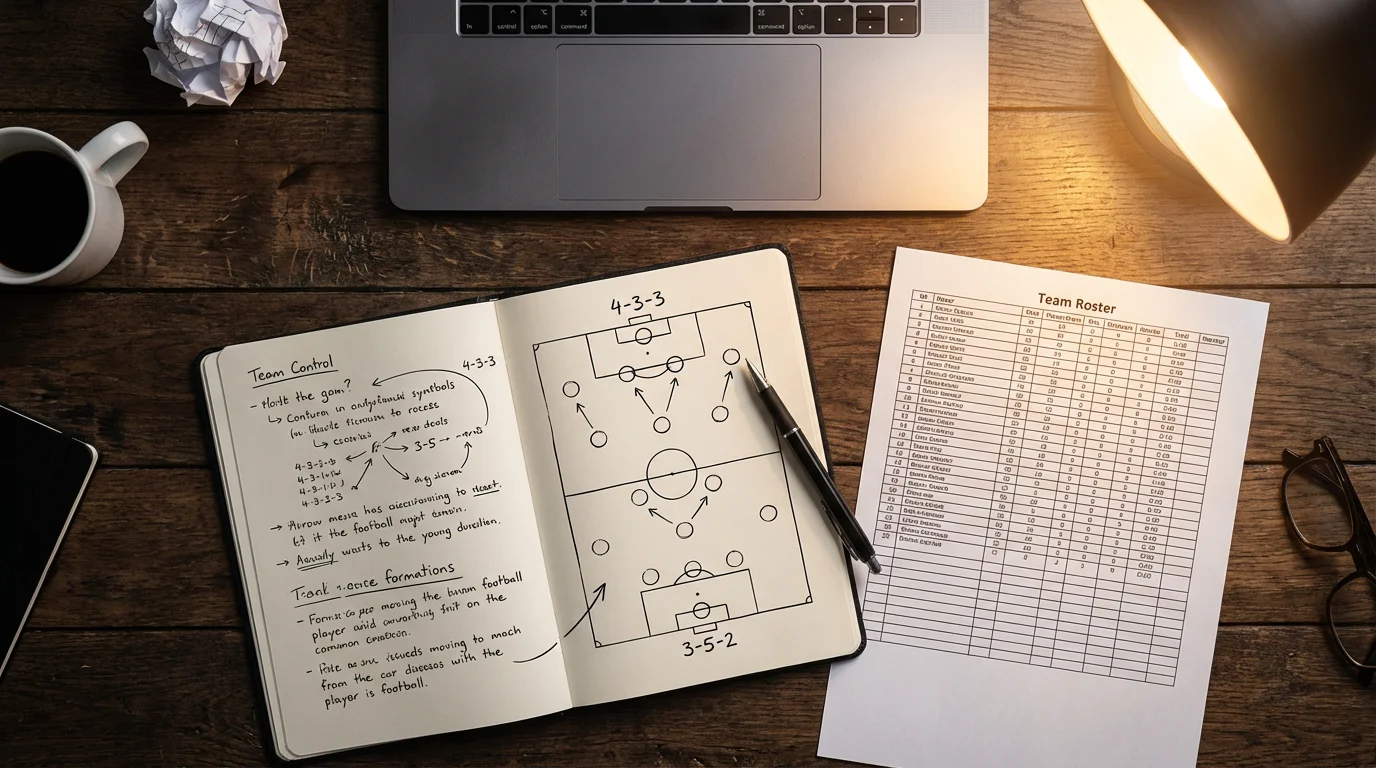 Analista sportivo studia statistiche di una partita di calcio su un quaderno