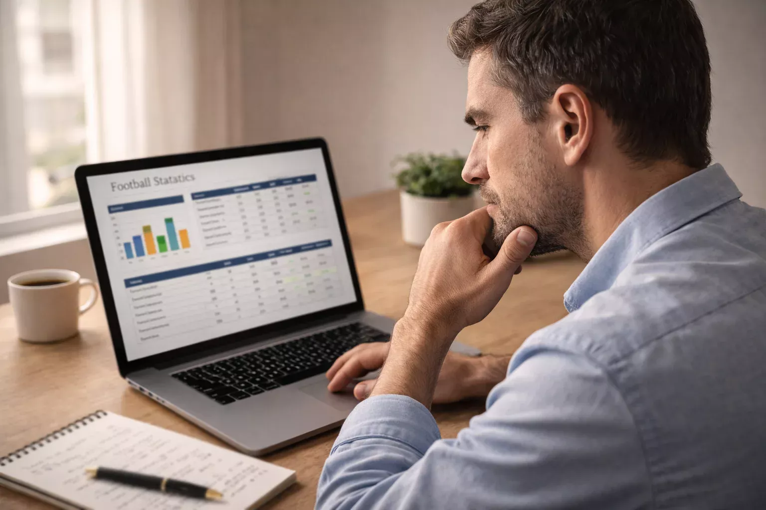 Uomo analizza statistiche di calcio su laptop