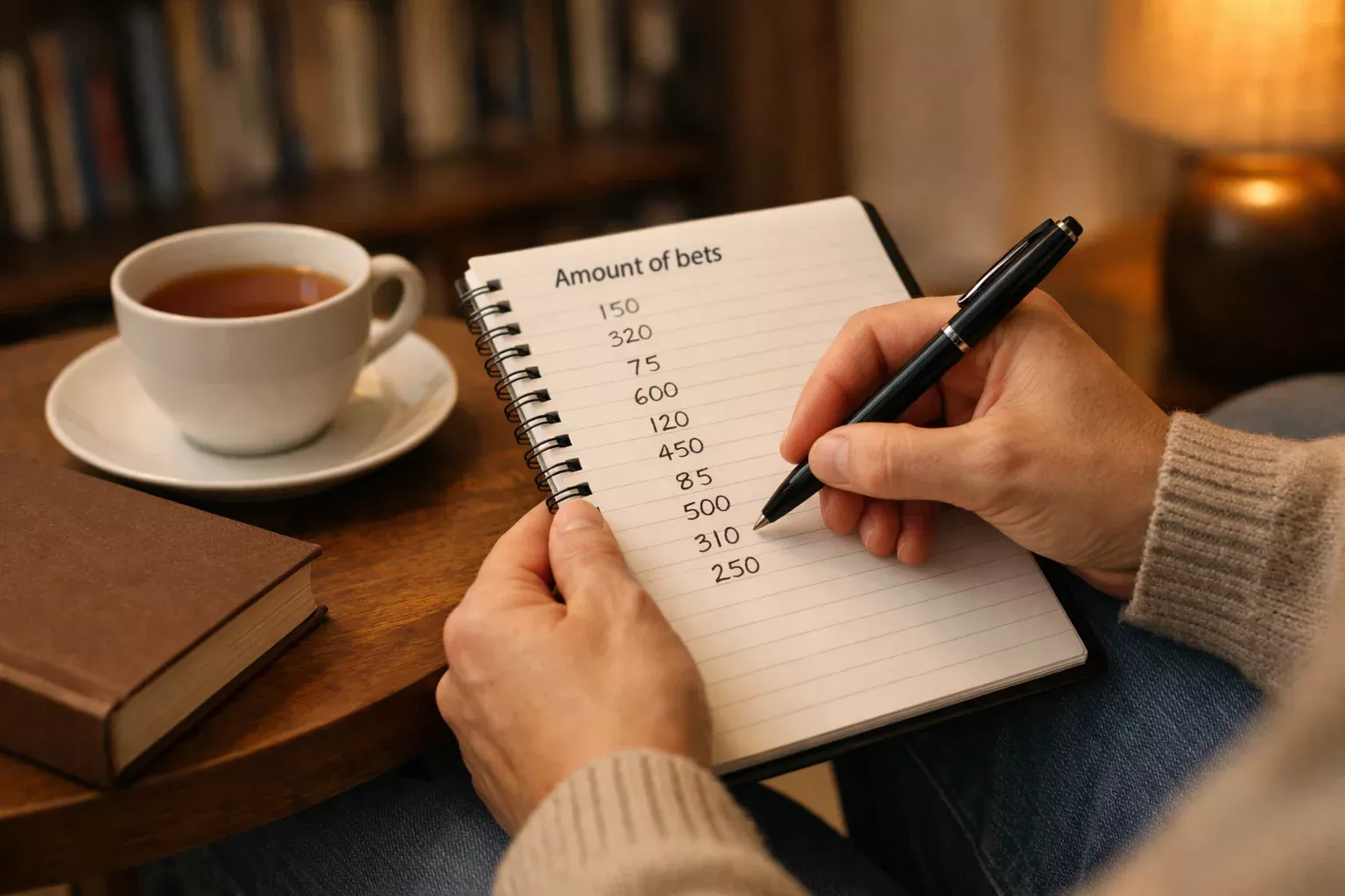 Persona che pianifica il bankroll annotando cifre su un blocco note