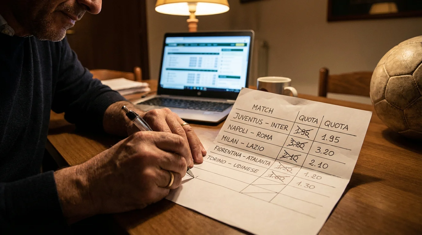 Foglio con combinazioni di scommesse e partite di calcio europeo su una scrivania