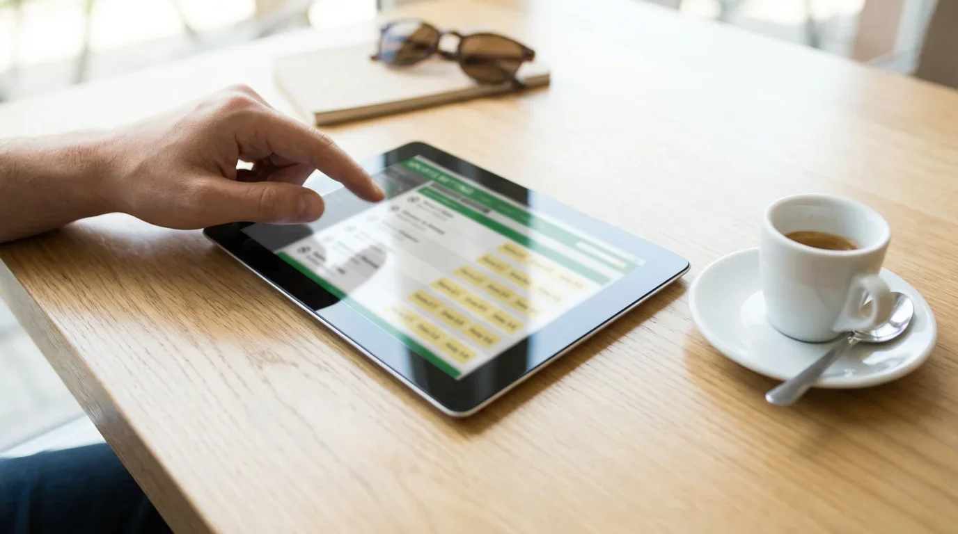 Mano di persona che compila una schedina di scommesse sportive su tablet