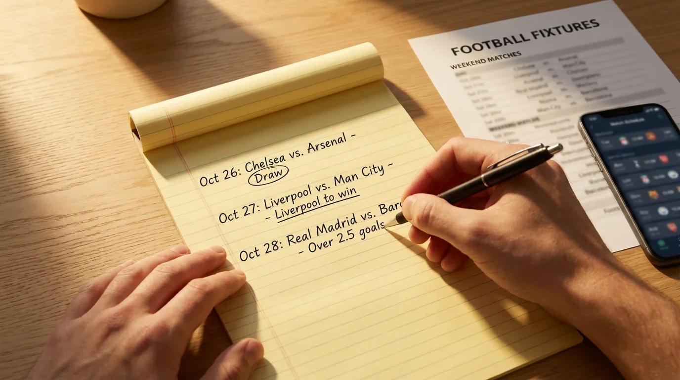 Mani che scrivono appunti su un blocco note con partite di calcio selezionate