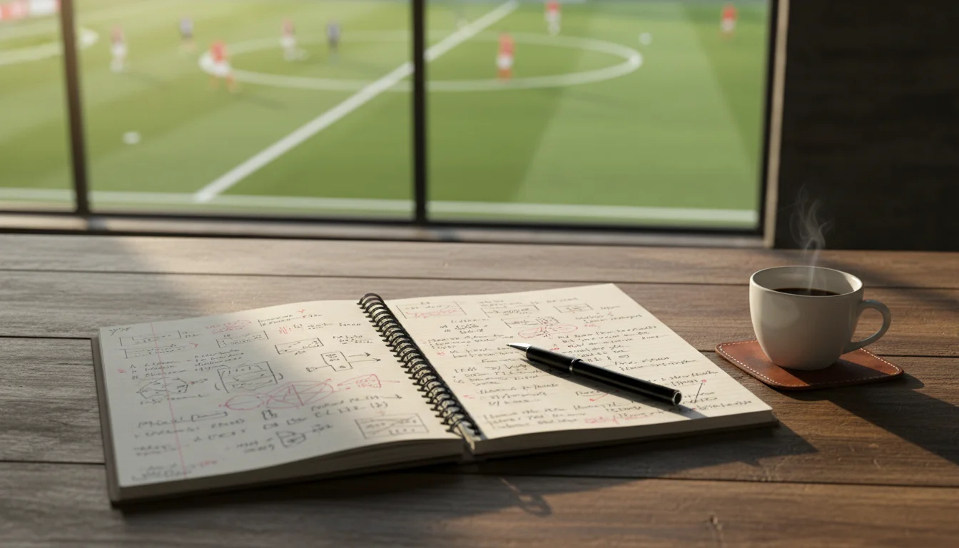 Taccuino aperto con penna su un tavolo accanto a un campo di calcio sfocato sullo sfondo