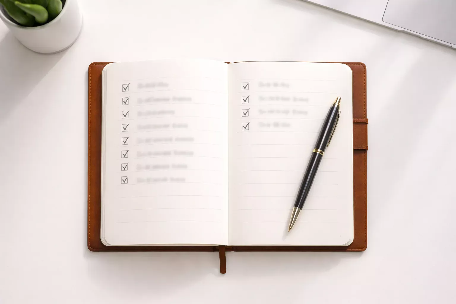 Blocco note con lista di controllo e penna