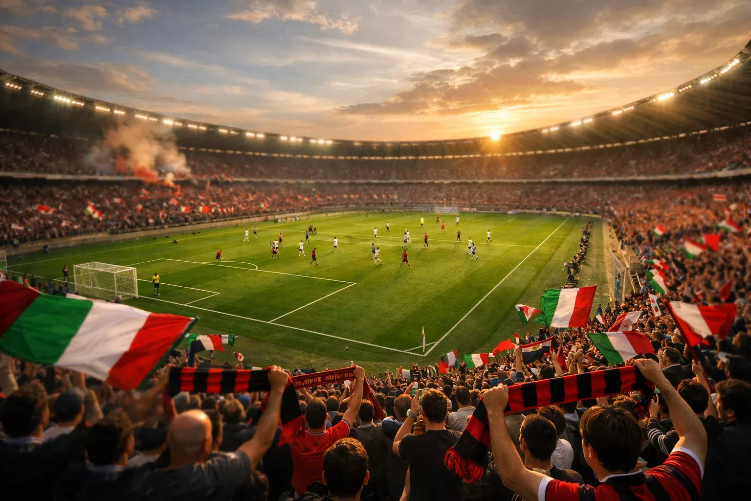 Stadio di calcio italiano con tifosi e campo verde durante partita Serie A