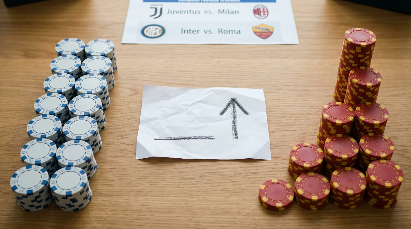 Due colonne di fiches da gioco affiancate su un tavolo con appunti di scommesse sportive