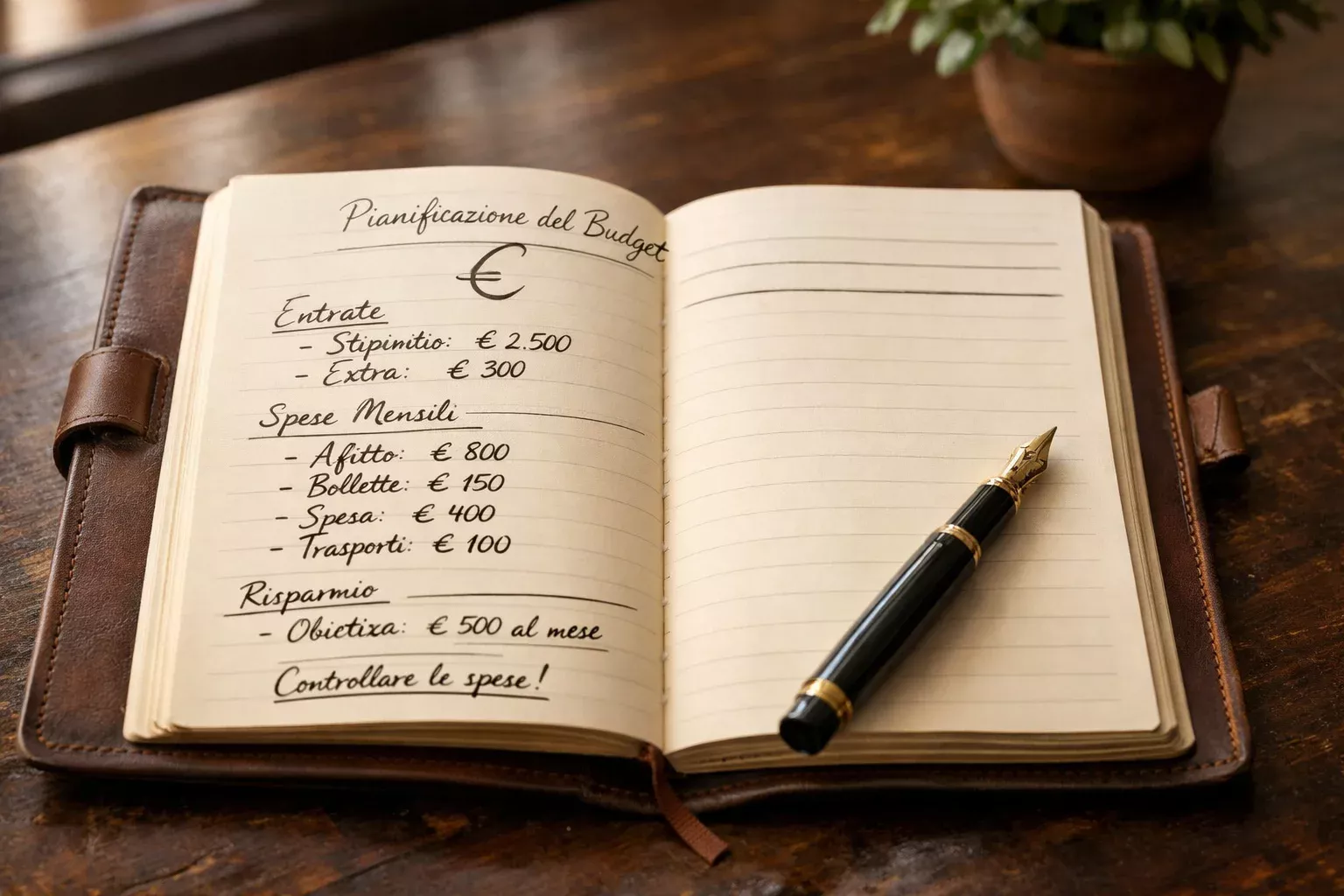 Quaderno aperto con appunti su budget e simboli euro accanto a penna