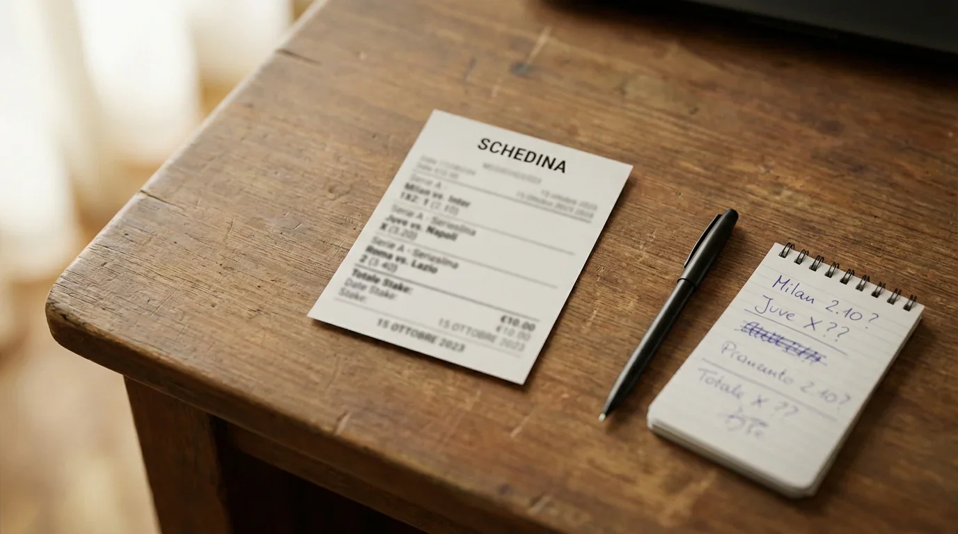 Schedina con scommesse multiple su partite di calcio e penna su un tavolo