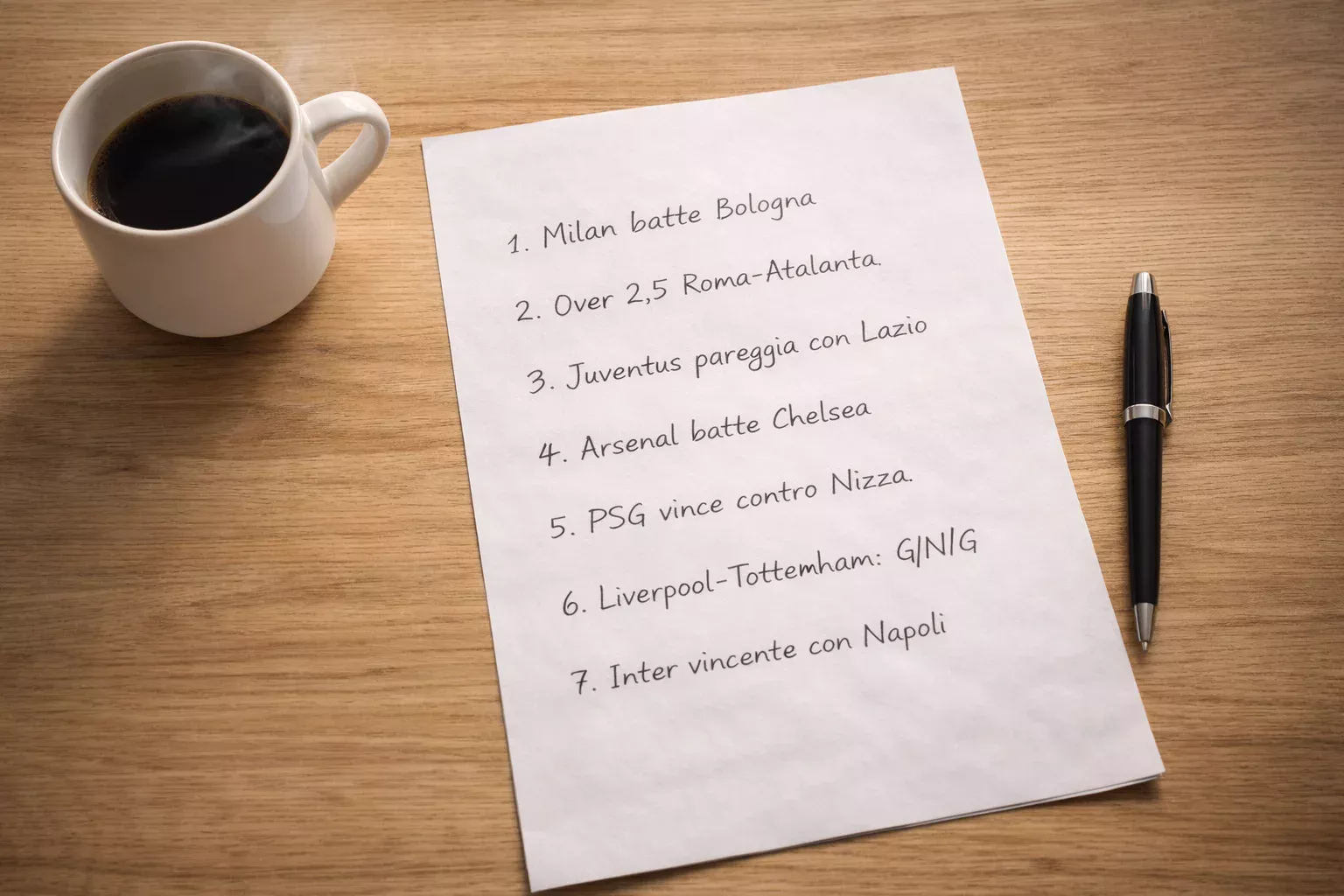 Documento con sette scommesse disposte in modo ordinato su una scrivania