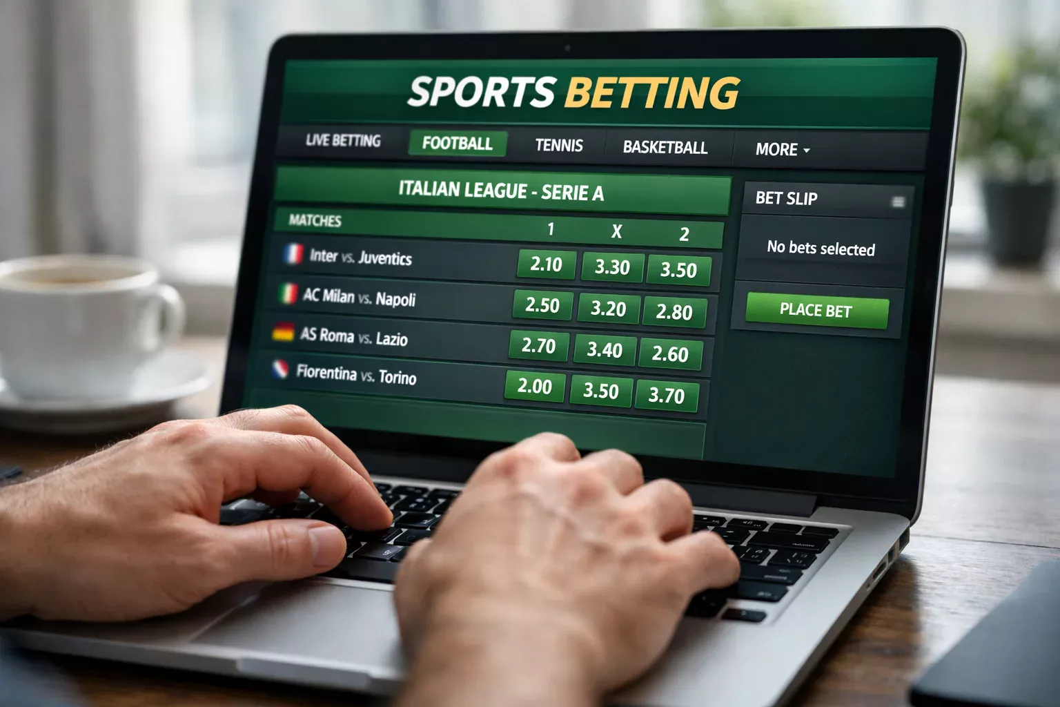 Mani di persona che utilizza laptop con interfaccia di selezione partite