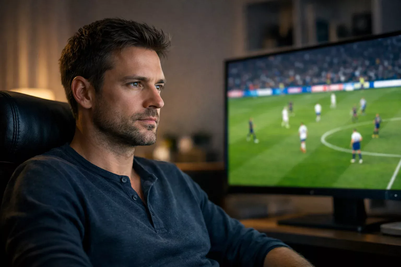 Uomo concentrato davanti a schermo con partita di calcio