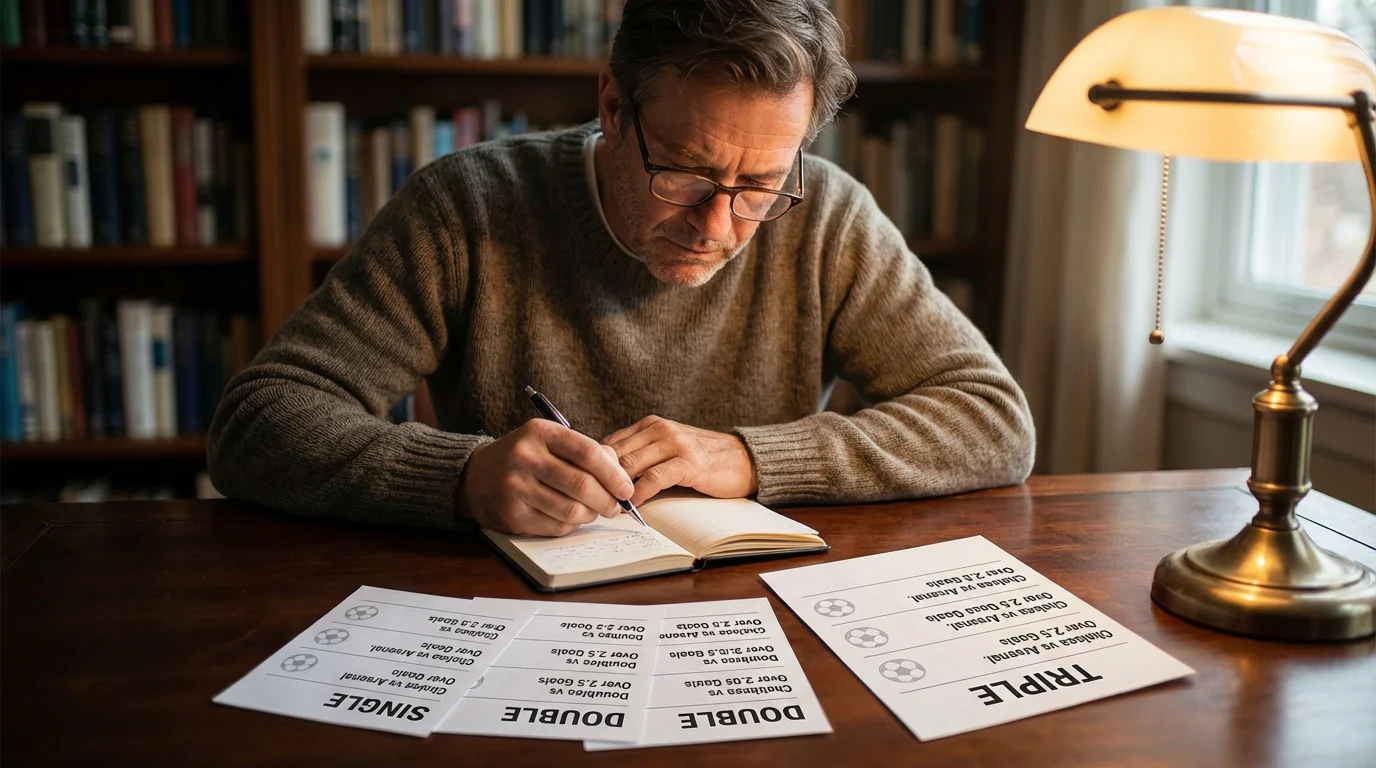 Uomo che analizza schedine di scommesse calcistiche con appunti e penna su una scrivania