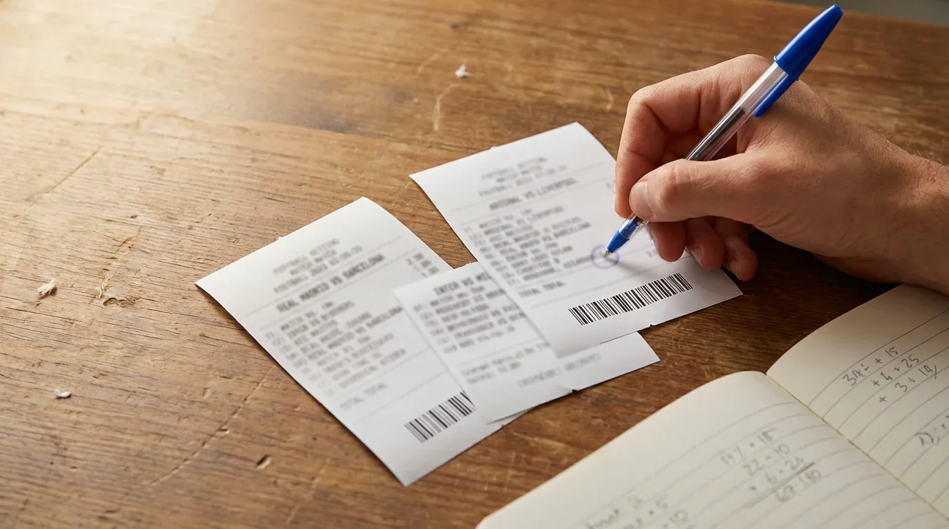 Scheda scommesse con tre partite di calcio evidenziate su un tavolo di legno