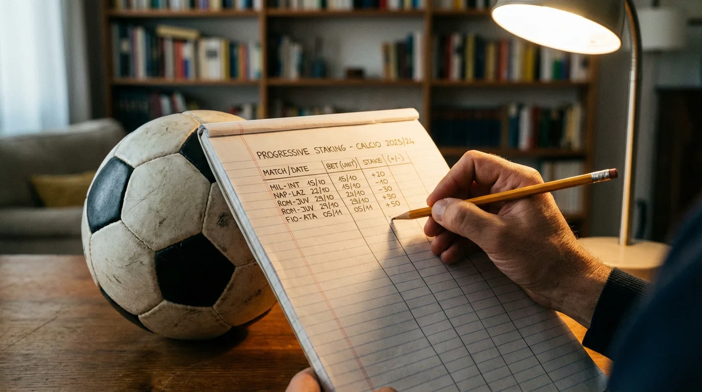 Mano che compila una tabella progressiva Masaniello su un blocco note vicino a un pallone da calcio