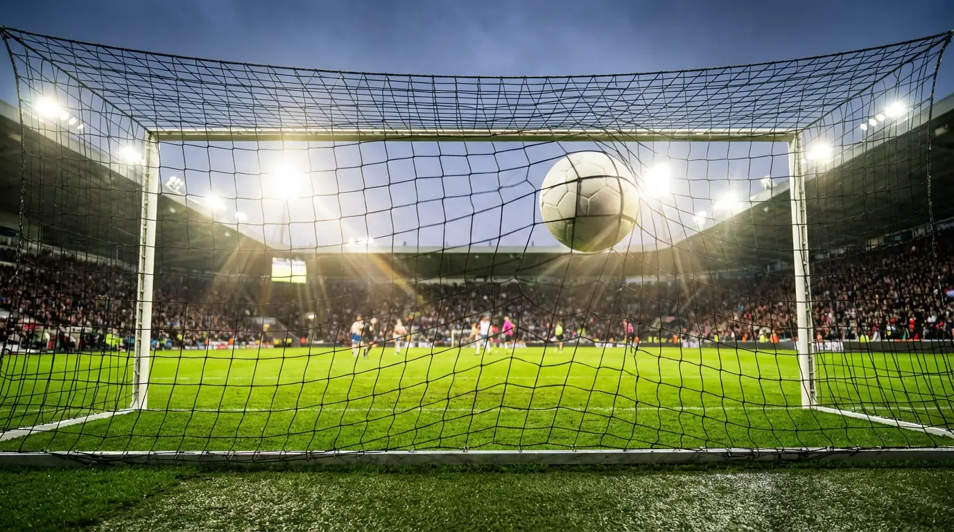 Pallone da calcio nella rete della porta durante una partita serale illuminata dai riflettori