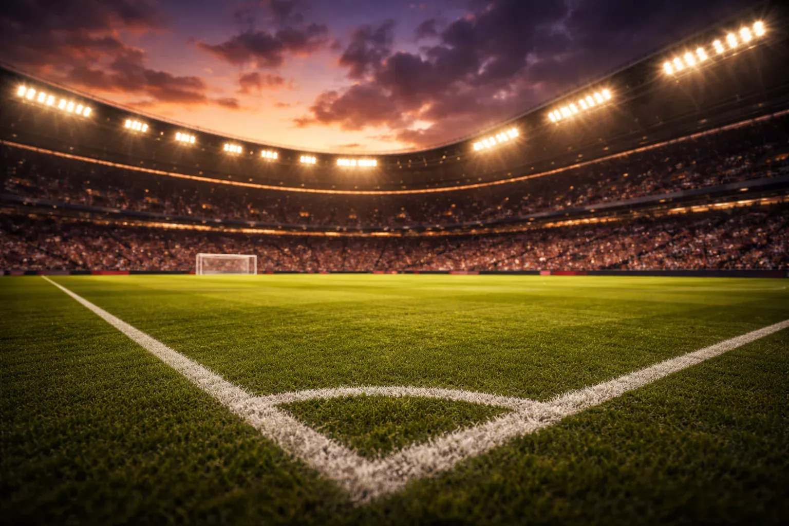 Stadio di calcio illuminato durante una partita serale con tifosi sugli spalti