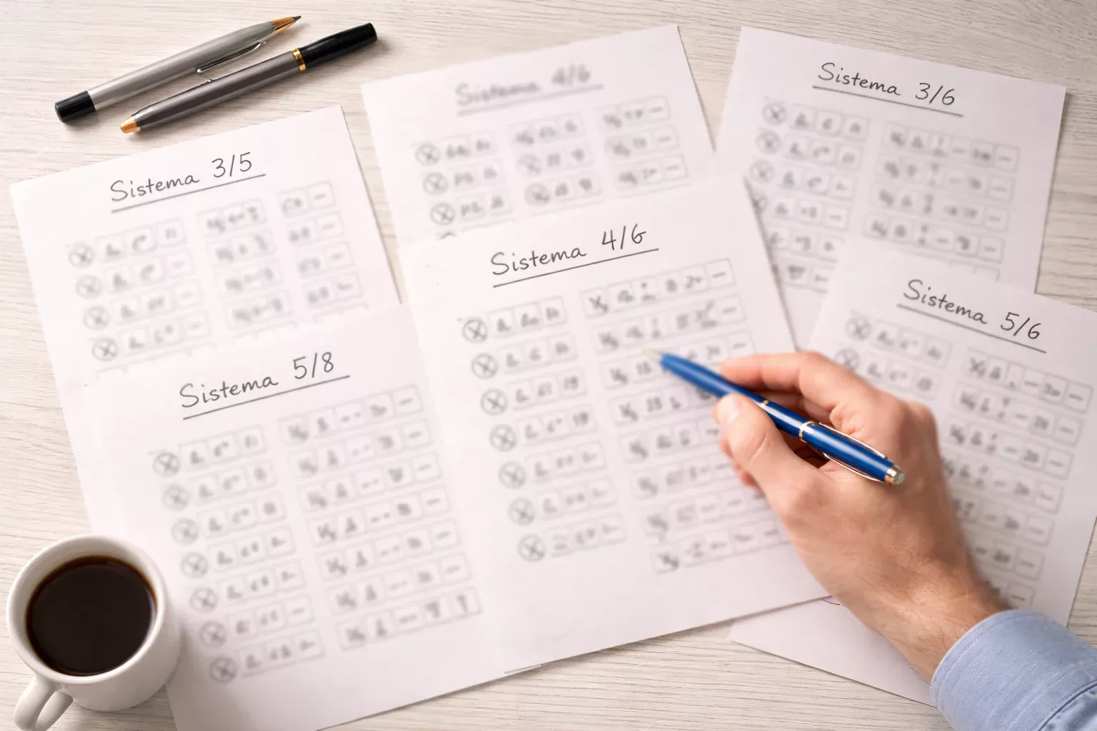 Diverse configurazioni di sistemi scommesse visualizzate su foglio con numeri