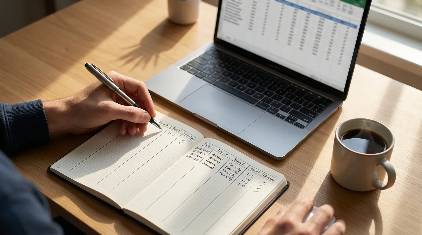 Persona che annota scommesse in un quaderno accanto a un laptop con tabella di risultati