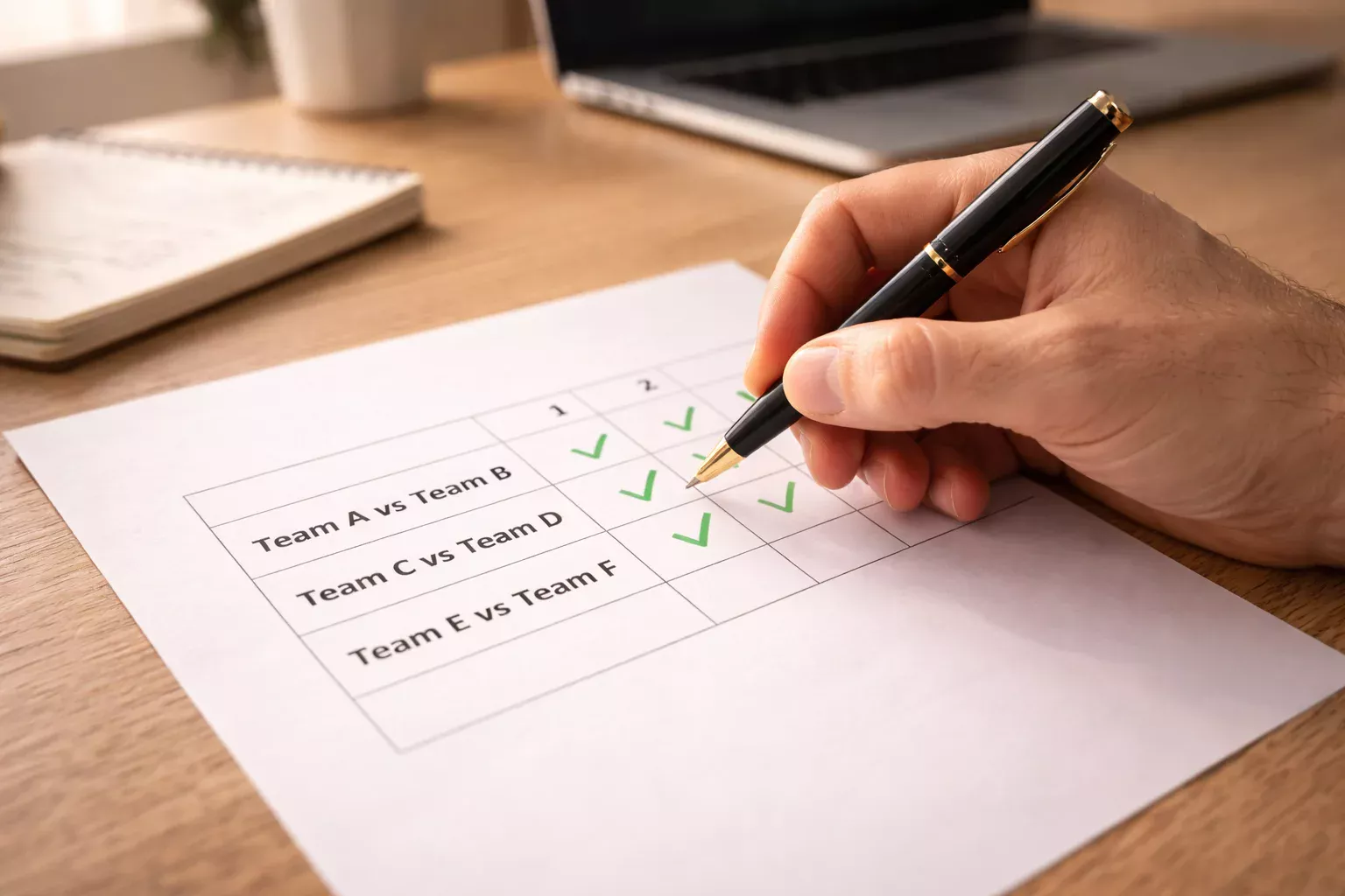 Mano che seleziona tre partite su una schedina di scommesse sportive