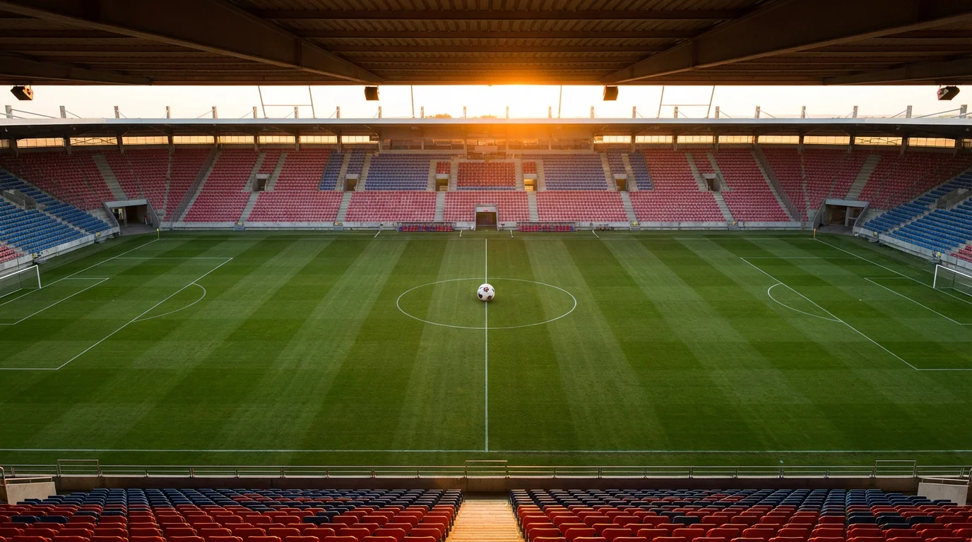 Campo da calcio con erba verde visto dall'alto durante una partita
